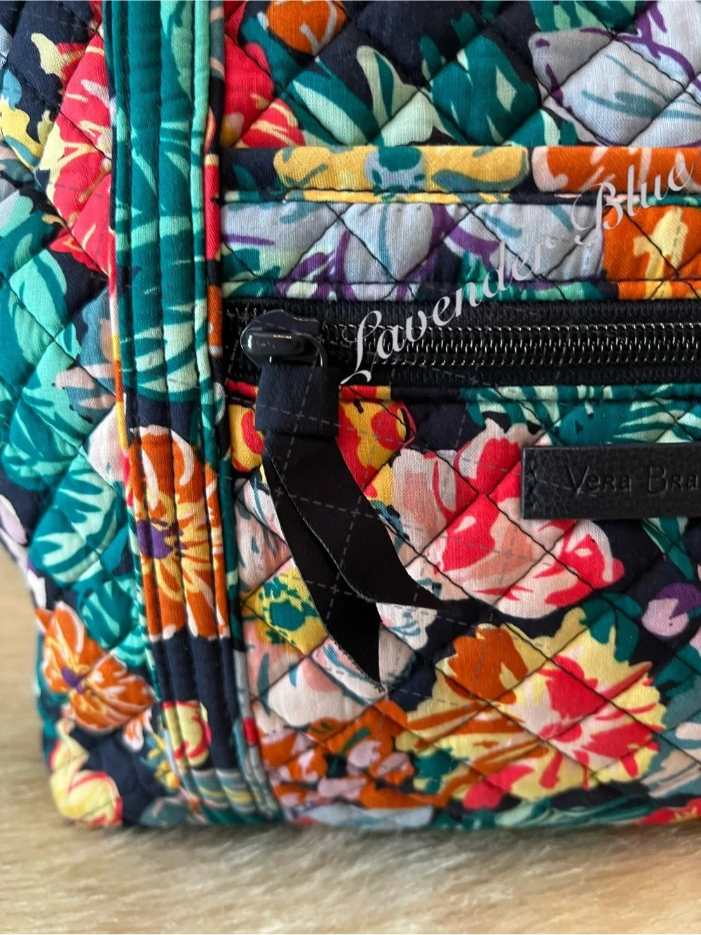 VERA BRADLEY Happy Blooms Villager Tote Floral Orange Navy Green Quilted Zip Top